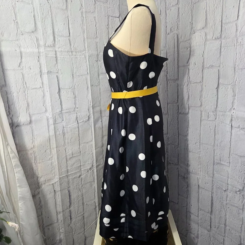 Jessica Howard Size 6 Navy White Polka Dot Yellow Bow Retro Sleeveless Dress